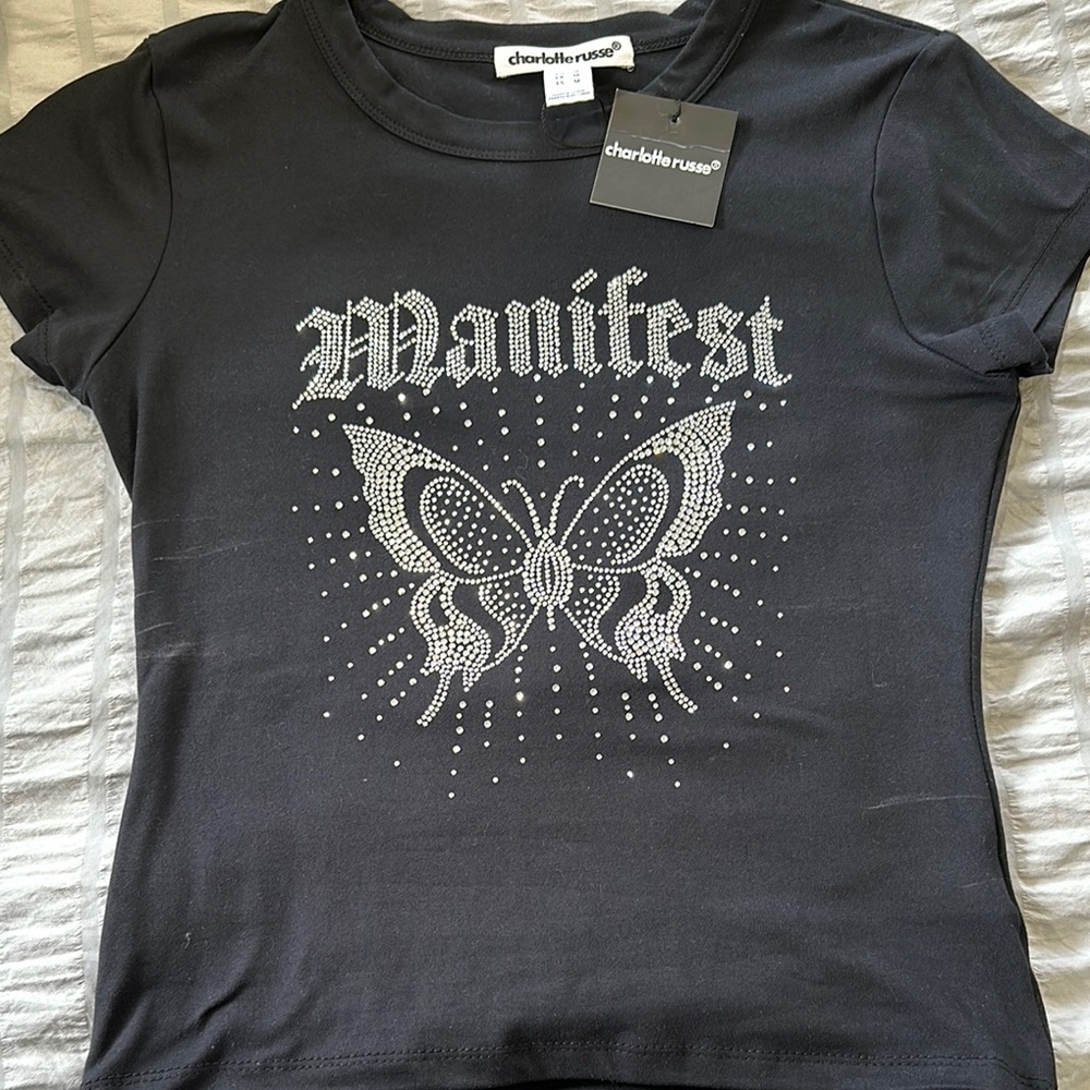 Charlotte Russe Black Graphic Tee with Rhinestone Butterfly